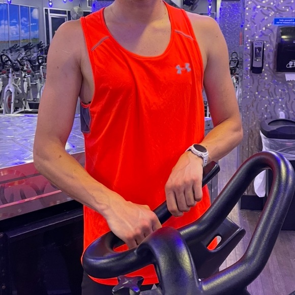 UNDER ARMOUR MEN NEON ORANGE REFLECTIVE SILVER HEATGEAR TANK TOP VEST SHIRT JOCK - Picture 6 of 15